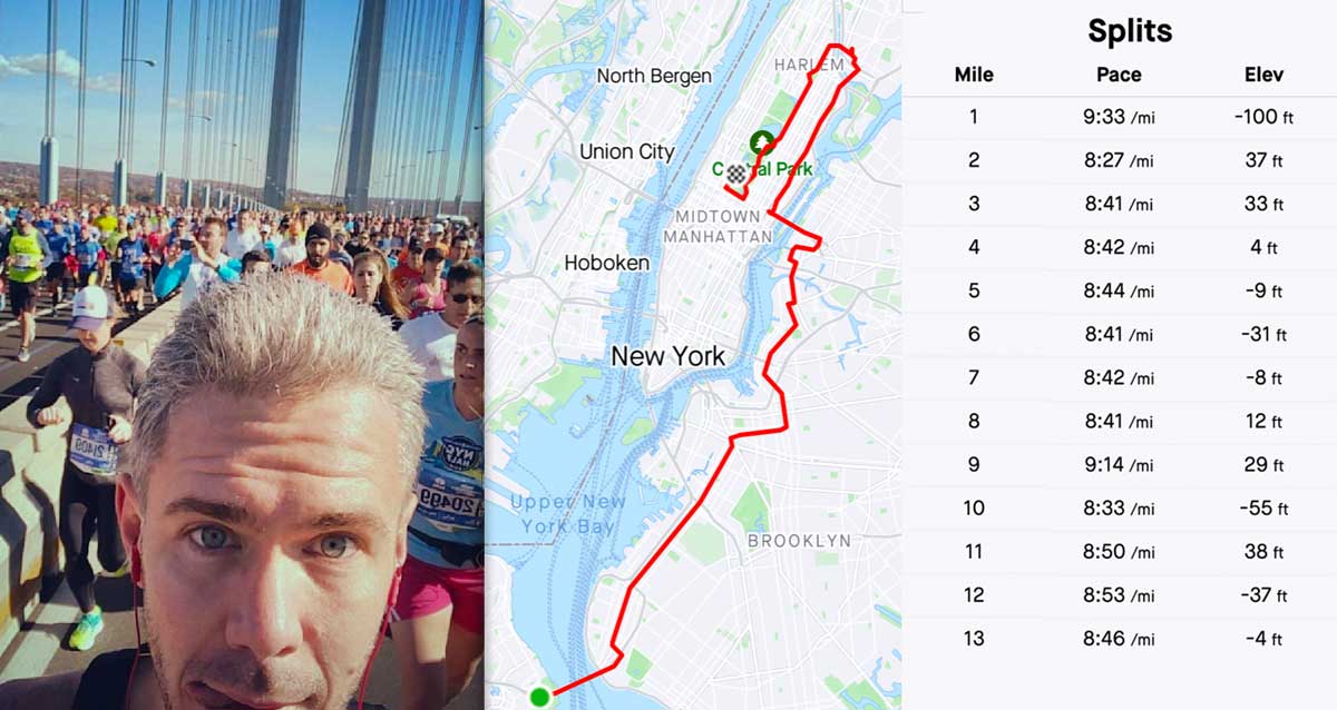Selfie and stats of Bret McGowen crossing the Verrazano bridge