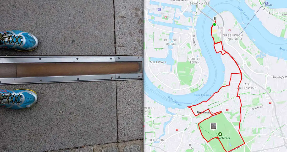 Bret McGowen's shoes across the prime meridian